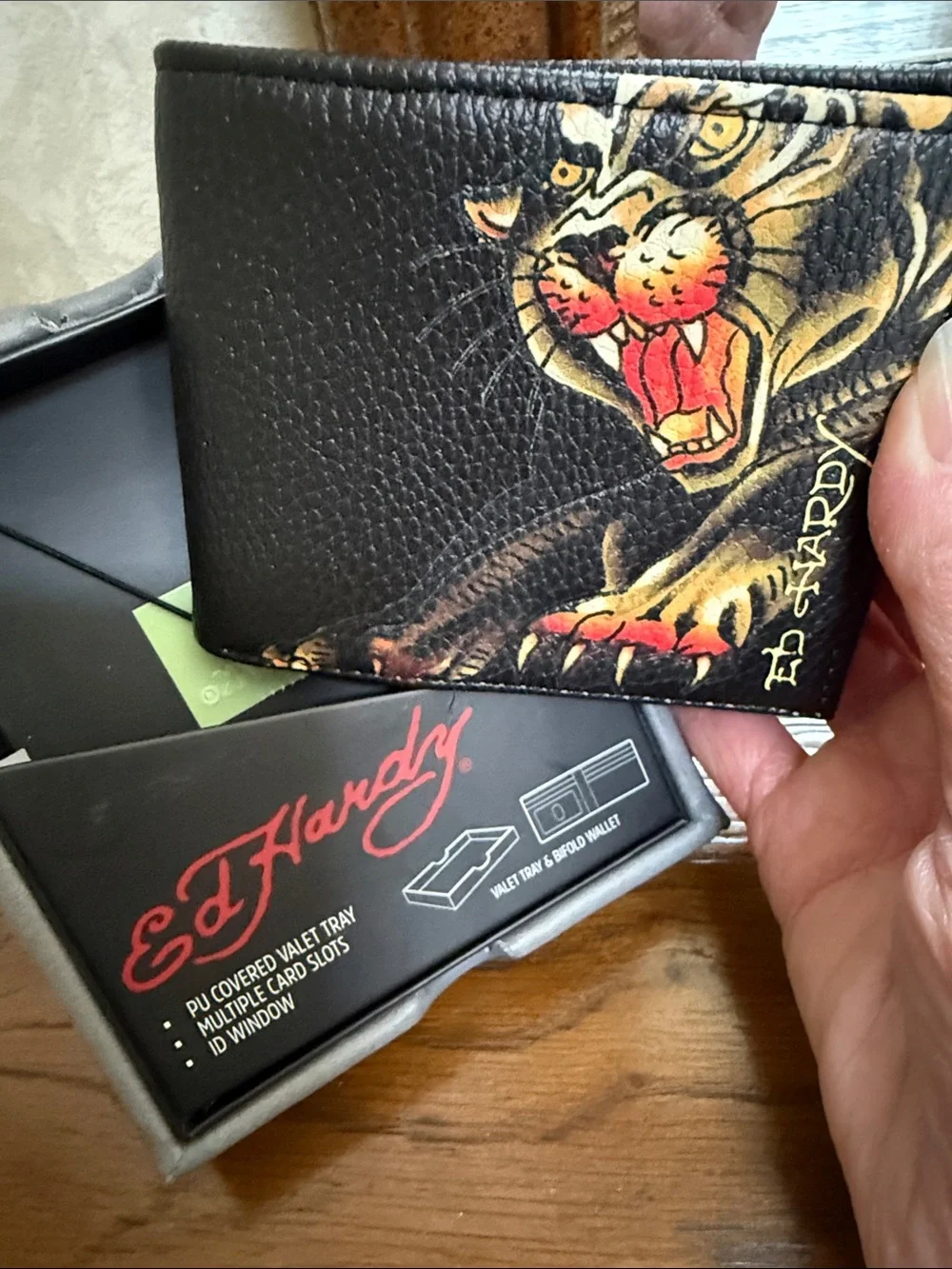 Ed Hardy Black Wallet with Fierce Tiger Artwork. Multiple card slots. ID window.